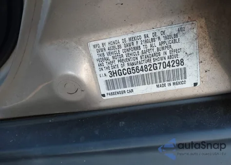 2002 Honda Accord 2.3 Lx из США, поврежденный, VIN 3HGCG56482G704298